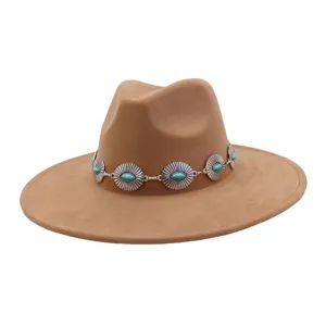 Women Men Vintage Suede Fedora Hat Wide Brim Jazz Cap Ethnic Style Metal Chain Decor Classic Winter Fall Fashion Headwear