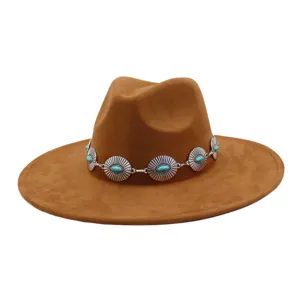 Brown suede wide brim fedora hat featuring a stunning turquoise silver concho chain band.