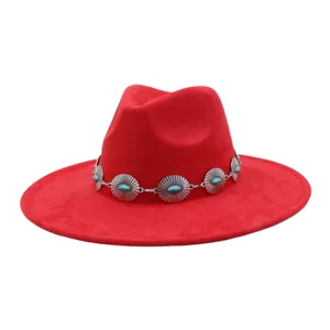 Red suede fedora hat detail, western style turquoise metal concho band, wide brim classic hat.