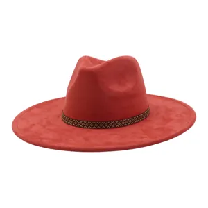 Red suede fedora hat with geometric band, wide brim flat gentleman hat for men and women.