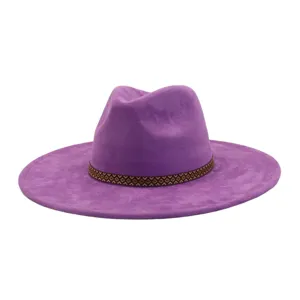 Unisex purple suede wide brim fedora hat with patterned band stylish fashion headwear