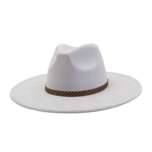 Grey suede fedora hat detail, wide brim design with brown patterned band, casual style.