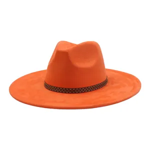 Orange faux suede fedora hat with patterned band wide brim fashion unisex casual headwear.