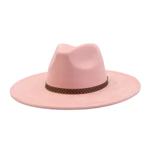 Pink suede fedora hat for men and women, stylish wide brim jazz hat with tribal woven band.