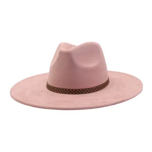Close-up view of the pink faux suede fedora hat, highlighting the exquisite woven band detail.