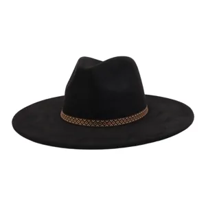 Black suede fedora hat with stylish geometric patterned band, wide brim classic gentleman style.