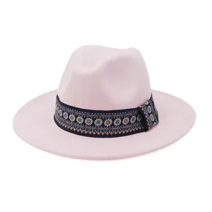 Roze vilt fedora hoed voor dames heren herfst winter brede rand jazz met geweven band