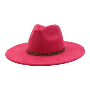 Fuchsia faux suede fedora hat detail, elegant geometric band design, wide brim style.