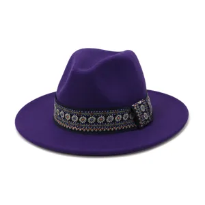 Herfst winter paarse wol fedora hoed vrouwen mannen brede rand jazz hoed met etnische band.