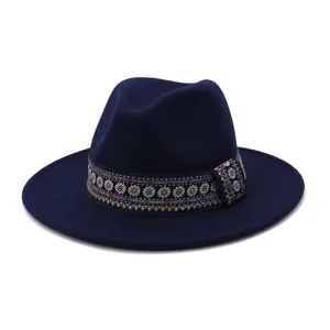 Wollen fedora hoed herfst winter, klassieke donkerblauwe jazz hoed met brede rand