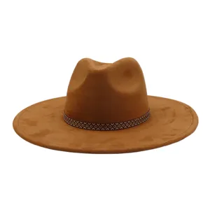 Close-up detail of brown suede fedora hat with aztec pattern band, wide brim gentleman style.