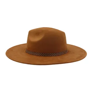 Close-up of the brown suede fedora hat, showcasing the exquisite geometric patterned band.