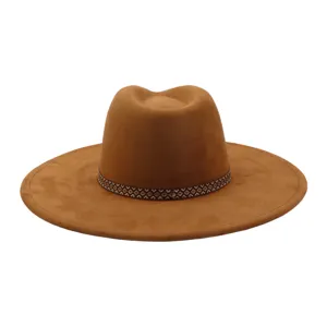 Brown suede fedora hat with ethnic patterned band, wide brim gentleman hat detail view.