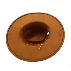 Brown suede fedora hat detail view, classic wide brim gentleman hat inner lining craftsmanship.