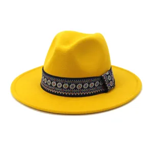 Gele wollen fedora hoed met blauwe etnische band herfst winter brede rand uniseks