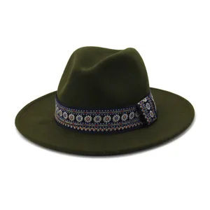 Klassieke wolvilten fedora hoed heren dames herfst winter brede rand jazz hoed met etnische band
