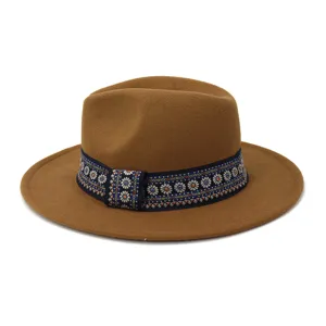Vilt fedora hoed met etnische band brede rand herfst winter stijl voor mannen en vrouwen