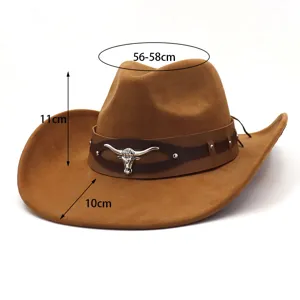 Detailed view of brown suede western cowboy hat, featuring 10cm brim and metal bull skull decor.