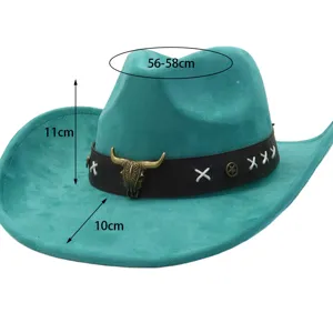 Fashion suede cowboy hat with vintage bull skull decor, wide brim jazz hat for men and women spring.