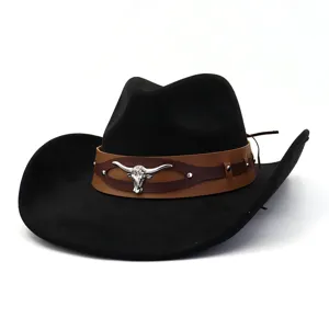 Black western cowboy hat with brown leather band and silver longhorn bull skull detail unisex