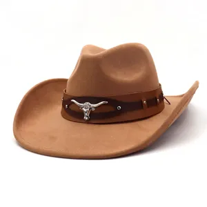 Classic Faux Suede Western Cowboy Hat Fedora Cap for Men Women Wide Brim Bull Skull
