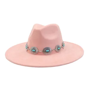 Pink suede fedora hat detail, turquoise silver concho hat band, stylish wide brim accessory
