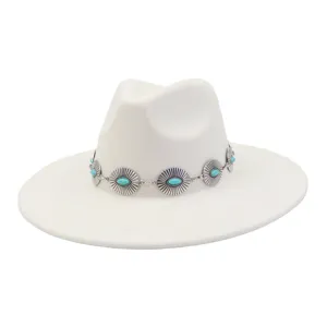 White wide brim fedora hat with turquoise metal concho band western boho jazz hat detail