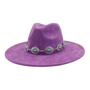 Purple wide brim fedora hat with turquoise silver metal concho band bohemian style soft suede
