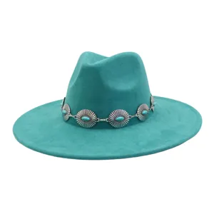 Turquoise concho band suede fedora hat, wide flat brim jazz hat, ethnic style boho headwear.