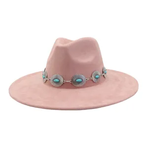 Pink faux suede fedora hat with wide brim and turquoise concho metal decorative band