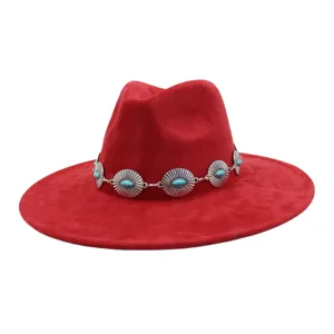 Red suede fedora hat with turquoise concho band wide brim western jazz hat detail view.