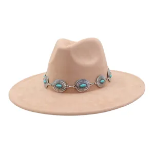 Beige suede fedora hat with turquoise metal band, boho style wide flat brim jazz hat for women.