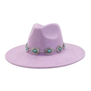 Light purple wide brim fedora hat with silver turquoise concho band bohemian jazz cap style