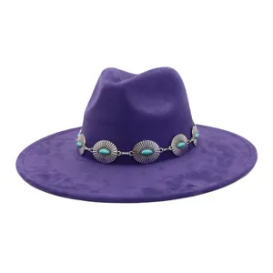 Close-up detail of the purple suede fedora hat with silver turquoise concho hat band.