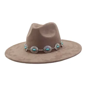 Suede Fedora Hat Wide Brim Western Cowboy Jazz Hat with Turquoise Chain Boho Headwear