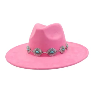 Pink suede jazz hat with turquoise concho hatband, perfect for bohemian western outfits.
