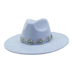 Light blue faux suede fedora hat with turquoise concho metal hat band for women western style