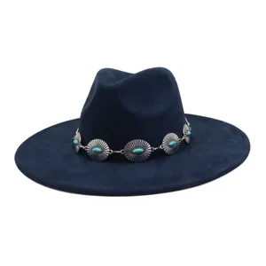 Dark blue suede fedora hat with turquoise silver metal band wide brim boho style jazz hat