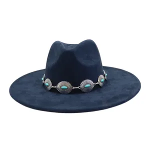 Dark blue wide brim fedora hat with turquoise silver chain band vintage suede jazz hat