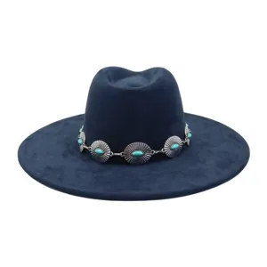 Close-up detail of the dark blue suede fedora hat, featuring silver turquoise concho hatband.