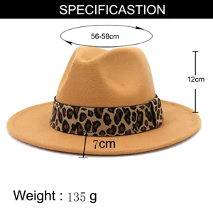 Classic autumn winter wool fedora hat with leopard print band, 56-58cm head circumference.
