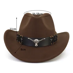 Brauner Western-Cowboyhut aus Wolle mit Metall-Stierschädel-Band, vintage Fedora Hut Damen.
