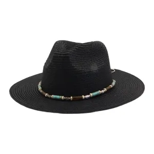 Chapeau de paille d'été anti-soleil pour homme et femme, chapeau fedora à bords larges perles.