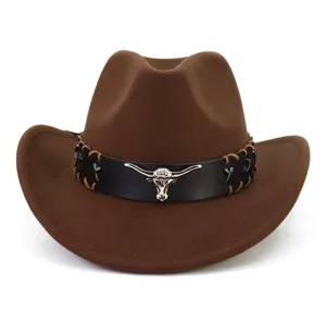 Brauner Woll-Western-Cowboyhut Detail, schwarzes Lederband und silberner Stierschädel Dekor.