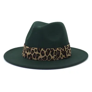 Detailed view of the dark green wool felt fedora hat featuring a stylish leopard print band.