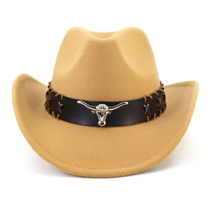 Damen Woll Filz Western Cowboy Hut Vintage Fedora Kappe mit Metall Stierkopf Band