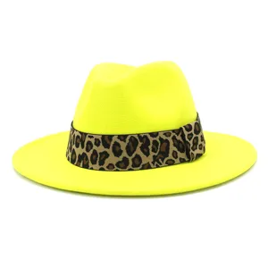 Neon yellow wool fedora hat with stylish leopard print band, wide flat brim winter hat.