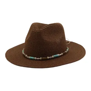Chapeau de paille à large bord d'été avec bande de perles pour plage en plein air