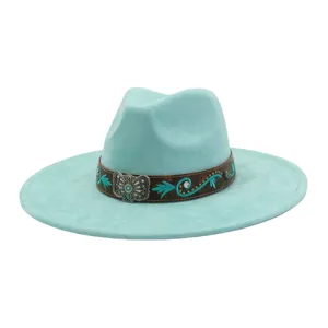 Sombrero fedora turquesa de ala ancha con banda de cuero, estilo ante étnico tipo jazz.