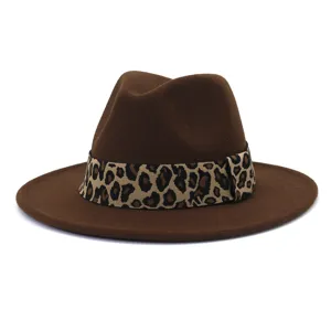 Brown wool fedora hat with leopard print band winter flat brim fashion cap for women men